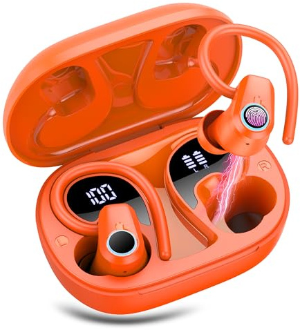Wireless Earbuds, Bluetooth 5.3 Headphones with 4 ENC Noise Canceling Mic, 50H Stereo Dual LED Display Ear Buds, Sport Wireless Earphones with Earhooks, IP7 Waterproof Wireless Headphones Gym, Orange