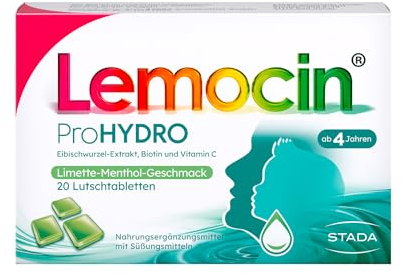 Lemocin ProHYDRO Lutschtabletten mit Limette-Menthol-Geschmack für Hals und Rachen - für Erwachsene und Kinder ab 4 Jahren - mit Vitamin C, Biotin und Eibischwurzelextrakt - 1 x 20 Stück