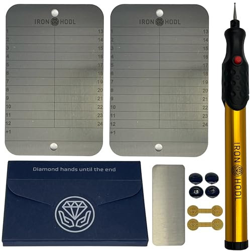 IRON HODL Steel Wallet + Gravierstift gold + Testplatte, Schrauben, Sticker, Box - (2x 24+1) Recovery Seed Phrase Metallplatte Crypto Wallet Bitcoin Wallet Crypto Cold Wallet Crypto Ledger gold