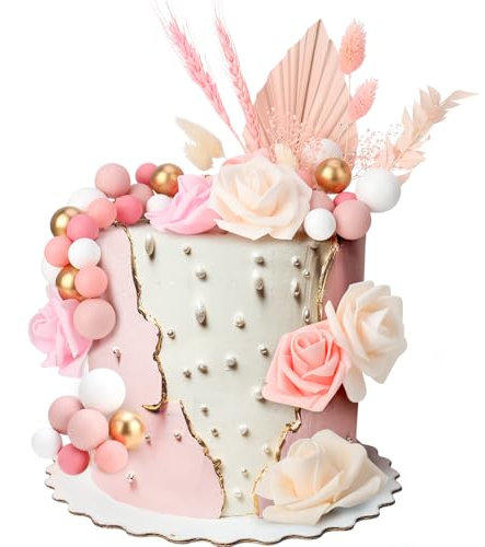 Candcamp 37 Pcs Dried Flowers for Cakes, Cake Toppers Decorations, Rose Pink Gold Artificial Flowers Cake Decorations, Gold Palm Leaves Cake Topper for Wedding Birthday Party Valentine's Day