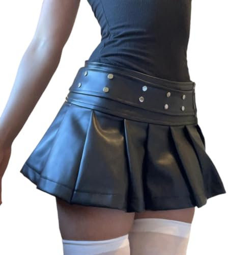 RSBFK Y2K Damenrock aus PU-Leder, niedrige Taille, Nietengürtel, plissiert, Mini-Clubwear-Rock, 1#schwarz, M