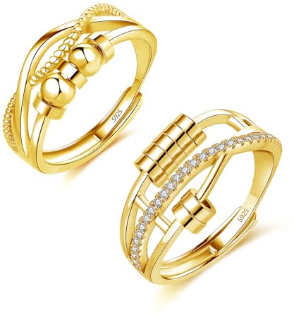 Glintara Ångestring, silver 925, 2 st 925 sterlingsilver antistress-ringset, öppen justerbar fidgetring, partnerringar, par ringar mot ångest, stämningsring med pärlor för kvinnor unisex