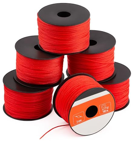 MIVOS Cuerda de albañil - Paquete de 6 Cuerda de albañil de 50 m, 2 mm de Grosor - Cuerda de albañil roja - Cuerda de construcción - Cuerda de plomada - Cuerda de Yeso Duradera y Resistente - 472N