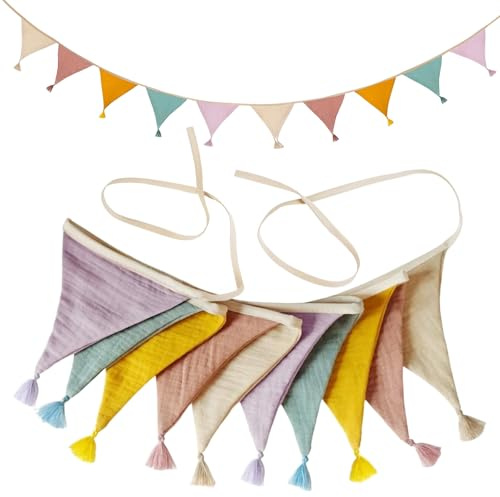 AUNHOKE Guirlande de Fanions pour Chambre d'enfant, 2,6 m Coton Bannière de Drapeau Triangulaire en Tissu, Guirlande de Fanions pour Extérieur, Décoration de Chambre d'enfant, Fête de Jardin