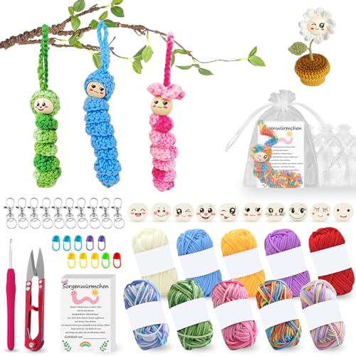 Juego de 102 piezas de crochet, 50 cuentas de madera con cara, equipadas con hilo, llavero, hebilla pequeña, aguja de tejer, tarjeta, bolsa de gasa, para hacer ganchillo, gusanos de la suerte