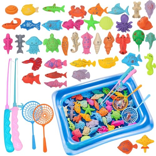 56 Pieces of Magnetic Fishing Game, Fish Game for Kids, 50 Three-Dimensional, 2 Telescopic Rod, 2 Long Net Scoop,1 Large Square Pool Suitable for Kids Toddlers 3-8 Outdoor Toys