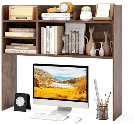 COSTWAY Desktop Bookshelf, Wooden Countertop Storage Hutch Bookcase with Open Back Compartment, Free Style Tabletop Display Shelf Rack for Home Office (Rustic Brown, 94 x 24 x 85 cm, 6)
