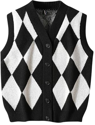 RLEHJN Men's Sleeveless Jumpers & Knitted Gilets V Neck Knit Sweater Vest Checked Cardigan Knitwear Smart Casual Jumper Front Button Down Knitted Waistcoats Tank Tops M-3XL Black