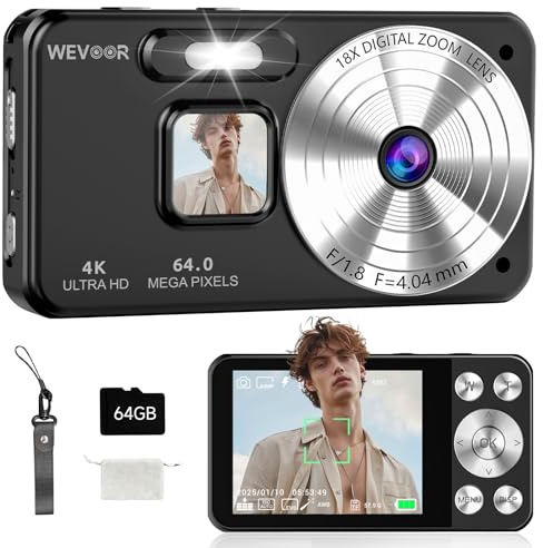 Appareil Photo Numérique 4K 64MP, Wevoor 64 GB Appareil Photo Numérique Compact avec Écran 2,8, 2000mAh Batterie, Appareil Photo Portable pour Débutants Enfants Adolescents - Noir