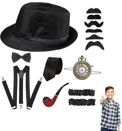 Odoukey 1920-tals gangsterdräkt för barn – komplett set med Fedora-hatt, slips, rosett, hängslen, fickur och mer, utklädningsdräkt för bal, fest