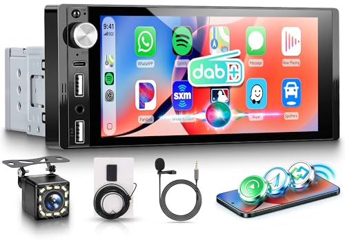 Rimoody DAB+/DAB Autoradio 1 Din con Wireless Carplay Android Auto Bluetooth 5.2 FM/AM Radio, 6.9 Pollici Touchscreen Radio con Mirror Link USB/EQ/Type C Controllo del Volante Telecamera Posteriore