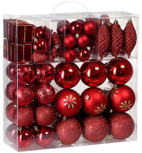 DEUBA® Weihnachtskugeln 103tlg Ø 3-8cm Kunststoff matt glänzend Christbaumkugeln Christbaumschmuck Anhänger Weihnachtsbaumkugeln Weihnachtsdeko Rot