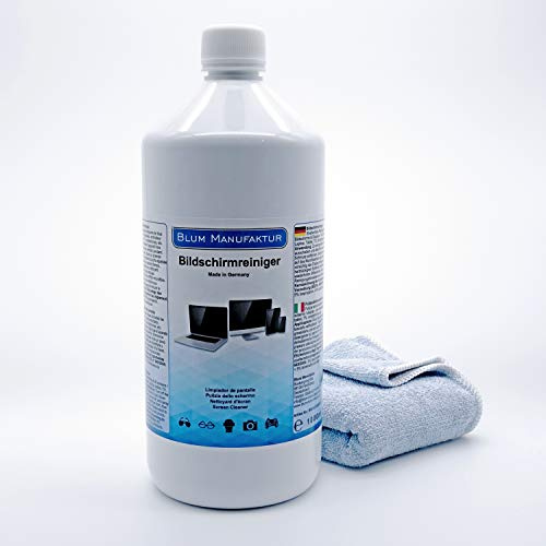 Blum – 1 000 ml skärmrengörare, displayrengöring, påfyllningsflaska mikrofiberduk 30 x 30 cm – absolut randfri rengöring av alla skärmar och skärmar.