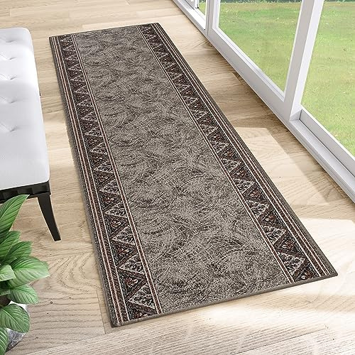 TAPISO Anti Rutsch Teppich Läufer rutschfest Brücke Meterware Oriental Floral Design Meliert Grau Rot Flur Küche Wohnzimmer 67 x 100 cm