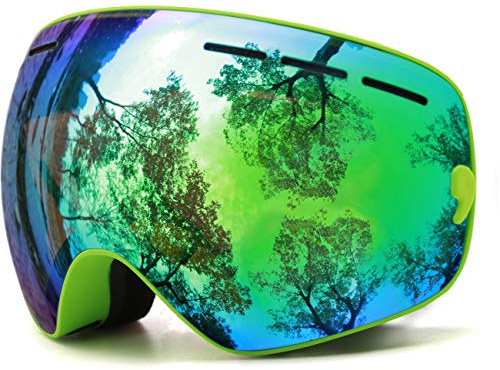 JULI Kids Ski Goggles,Interchangeable Double Layer Spherical Lens,OTG Anti-Fog Snowboard Skate Snow Goggles Age 4-16 4300（Green）