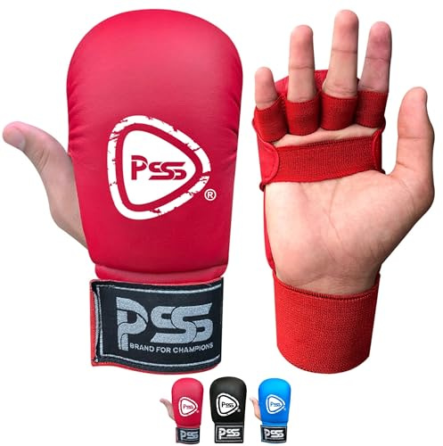 PSS Kids Karate mitt gloves for Boxing Martial Arts jab Training sparring junior pads open finger palm style Without Thumb Black Blue & Red Color 1018 (1018 Red, L)
