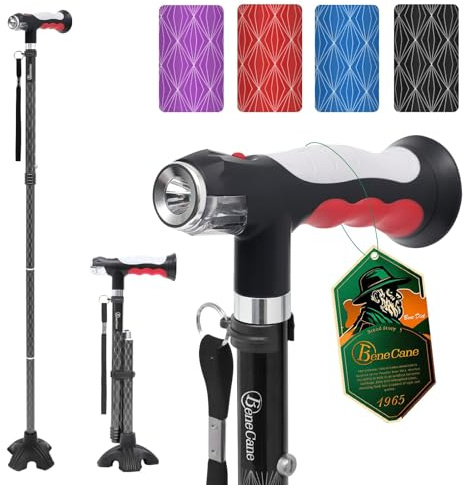 BeneCane Bastón con Dos Luces LED para Hombres y Mujeres, bastón de Altura Ajustable con Base Estable, bastón Plegable con Mango en T, Ligero, Ayuda a Caminar a los Ancianos