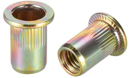 TA-VIGOR 10Pcs M8 Rivet Nuts, Carbon Steel Knurled Flat Head Threaded Insert Nut Yellow Zinc Plated for Automotive Furniture