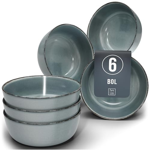 Müsliskålar, set med 6 stycken i stengods Rustic – modern müsliskålar i set, diskmaskinssäkra – snyggt litet skålset i rökblått – Pure Living müsliskål, soppskålar och dessertskålar