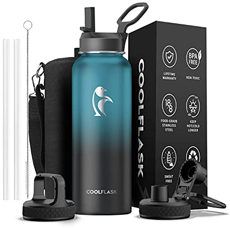 Coolflask 1180ml Insulated Water Bottle with Straw & 3 Lids, Metal Water Bottle for Sports or Office, Double Vacuum Leak Proof Cold and Hot Water Bottle, Easy to Clean, Indigo Black