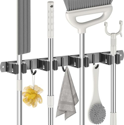 Radikor Besenhalterung Wand, Selbstklebender Besenhalter mit 4 Halter und 3 Haken, Edelstahl Gerätehalter Schraubbar, Gartengerätehalter Gartengeräte Halterung, Besen Mop Halter, Schwarz