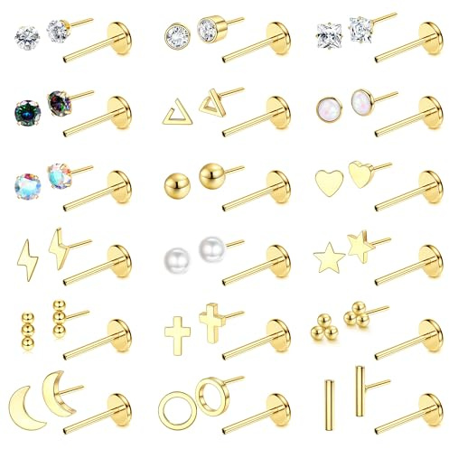 JeweBella 18 Pairs 20G Threadless Labret Studs Tragus Piercing Jewellery Set Hypoallergenic Surgical Steel Flat Back Tragus Cartilage Earrings Silver/Gold Nose Studs Lip Piercing Jewellery 6/8MM