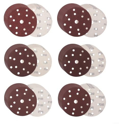 150mm Hook-and Loop Sanding Discs 60pcs Assorted Grits 40/60/80/120/180/240 for Wood Metal Plastic Angle Grinder Polisher 6 Inch Sandpaper Sheets with 8 Holes