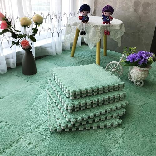 Tappeto ad Incastro, 12 Pezzi di Tappetino in Schiuma di Peluche, tappetini in Schiuma Soffici, per la Decorazione della Camera da Letto del Salotto (Verde Menta, 30 * 30 * 1 cm)