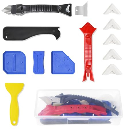 WRTFO Stainless Silicone Caulking Tools Kit,Set of 13pcs Sealant Finishing Tool Grout Scraper,Putty Knives,5 Silicone Pads,Sink Joint Caulk Remover with 3pcs Glass Glue Angle Scraper