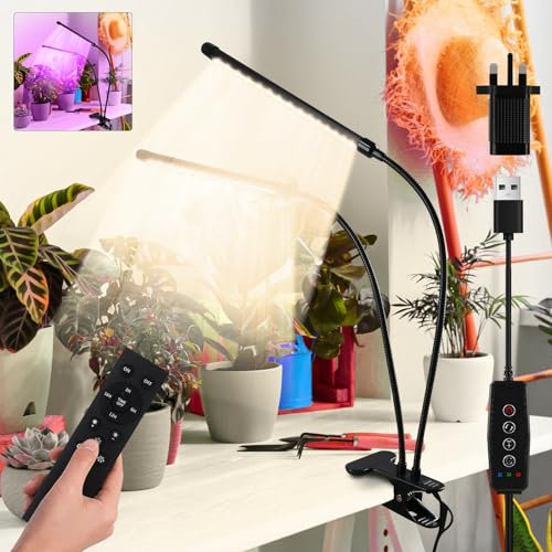LED Grow Lights,FIBRAVE 2 Heads 60 LED Lamps Full Spectrum Plant Light with Clamp for Indoor Plants & Seed Starting, 10-Level Dimmable, Auto On Off, Timing 4 6 12Hrs