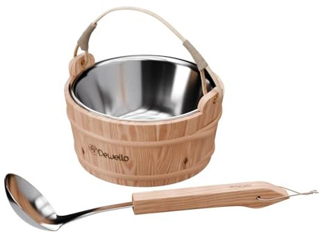 Dewello® Saunaeimer inkl. Kelle mit Edelstahleinsatz, Fassungsvermögen ca. 3 Liter, Hemlock-Holz, Bambusstreben | Das Saunazubehör für Zuhause