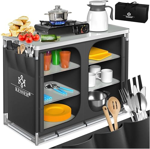 KESSER® Campingküche | Inkl. Tragetasche | Campingschrank Faltschrank | mit Aluminiumgestell | Reiseküche | Küchenbox | Zeltschrank | Outdoor Camping Küche | Anthrazit | Typ F6