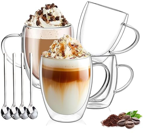 DINGPAl 4 Pack Double Wall Glass Coffee Mugs, 12 oz Walled Insulated Cappuccino Mug Heat Resistant Borosilicate Glass Coffee Cups with Handle and Spoon for Latte, Espresso, Americano, Hot/Cold Drink