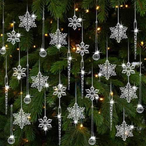 Forbabe 41 Stück Weihnachtsbaumschmuck Acryl Weihnachtsbaum Schmuck Eiszapfen Schneeflocke Eistropfen Anhänger Christbaumschmuck Baumschmuck Weihnachten Deko