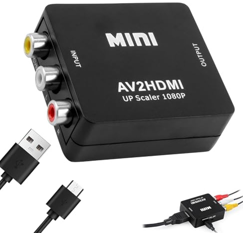Convertitore da RCA a HDMI, Adattatore AV a HDMI, Convertitore Audio Video Composito RCA CVBS 1080P, con USB Cavo, Supporta PAL/NTSC, per PC/Xbox/PS2/STB/VCR/VHS/DVD/TV/Lettori Blu-rays/Fotocamera