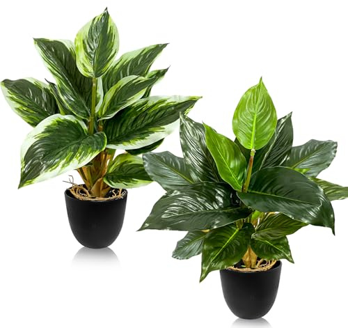 Klerbesh 2 Piezas Plantas Artificiales, Plantas Artificiales Decorativas de Interior, Plantas de Plástico Decoración para Hogar, Oficina, Cocina, Sala o Dormitorio (Bordes Blancos + Verde sólido)