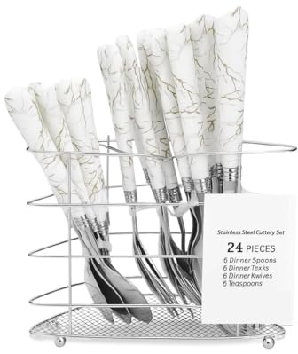 Marble Effect 24-Piece Stainless Steel Cutlery Set with Storage Rack, Elegant Flatware for Home & Parties, Dishwasher Safe Silverware Service for 6