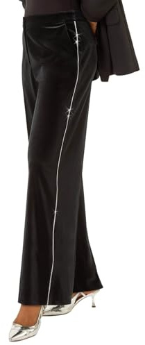 Roman Originals Velvet Diamante Side Trim Trouser for Women UK - Ladies Everyday Autumn Winter Comfy Soft Evening Vacation Work Party Night Out - Black - Size 18