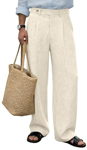 FEDTOSING Mens Linen Casual Dress Trousers Baggy Pleated Old Money Wide Leg Slacks Relaxed Fit Lightweight Work Pants