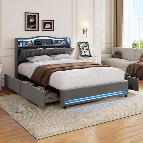 BRILVERDE Stoppsäng 160x200 med förvaringslåda, dubbelsäng med LED och USB, ungdomssäng med sänggavel, sängram med ribbotten, förvaringssäng, sammet (grå, 160 x 200 cm)