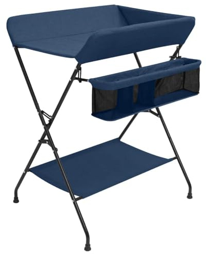 LoogCape Table à langer en fer bleu marine avec compartiments de rangement latéraux et étagère inférieure, pliable, imperméable, lavable, antidérapante, pour bébé, tout-petit, nouveau-né, chambre