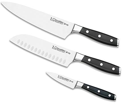 3 Claveles 28007 Set de couteaux de cuisine : Légumes 9cm + Santoku 18cm + Cuisson 20cm, Toledo Line, Acier inoxydable, Silver Set de couteaux de cuisine professionnel - Polyvalence professionnelle