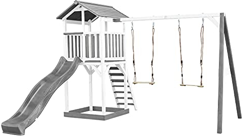 AXI Beach Tower Spielturm aus Holz in Weiß & Grau | Spielhaus für Kinder mit Grauer Rutsche, Doppelschaukel und Sandkasten | Stelzenhaus für den Garten