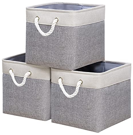 Yawinhe 3 Stück Aufbewahrungsbox, Aufbewahrungskorb mit Griff, Stoffwürfel Regalkörbe, Würfel körbe für regal, für Schrank,Regal, Kleidung, 28x28x28cm,Weiß/Grau, SNK004WGS