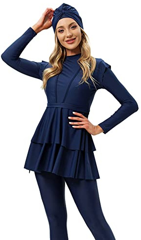 OBEEII Maillots de Bain Musulman Femmes à Couverture Complète Burkini Hijab Ensemble de Burkini Beachwear Protection Solaire 3 pièces Bleu X-Large