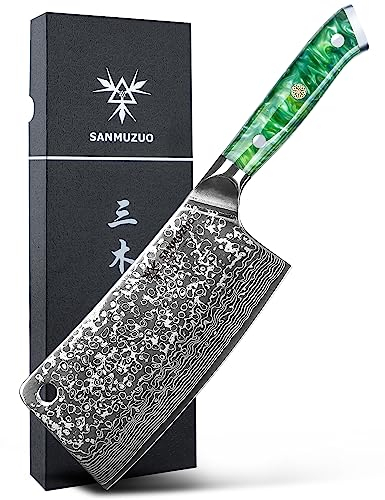 SANMUZUO Damas Feuille de Boucher, Couteau de Cuisine Chinois avec Lame 16,5 cm Professionnel Couperet de Cuisine en VG-10 67 Couche Damas Acier avec Poignée en Résine(Vert Jade) - Xuan Série