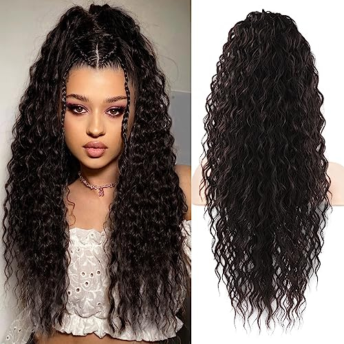 FLUFYMOOZ Ponytail Extension Pferdeschwanz Haarverlängerung, 66 cm, Bohemian-Stil, Pferdeschwanz Haarverlängerung mit Kordelzug für Frauen, langer lockiger, gewellter Pferdeschwanz (Schwarzbraun)