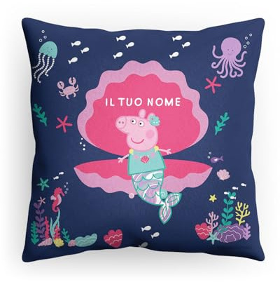 PICANOVA - Cuscino Peppa Pig - Cuscino con nome - Testo stampato personalizzato - Cuscino decorativo per bambini - Cuscino morbido e accogliente con imbottitura - Sirena - 40x40cm