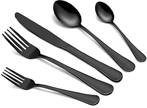 TANTOMI Besteck Set 6 Personen, 30-teiliges Edelstahl Besteckset poliert, Bestecksets mit Messer Gabel Löffel, Spülmaschinenfest, Schwarz Matt