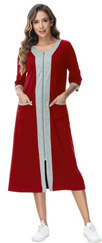 rismart Mujer Manga 3/4 Cremallera Bata de Casa Casual Cuello V Camisa de Dormir Pijama Vestido Borgoña,L